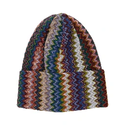 Multicolor Beanie with Brim and ZigZag Motif in Wool Blend for Men