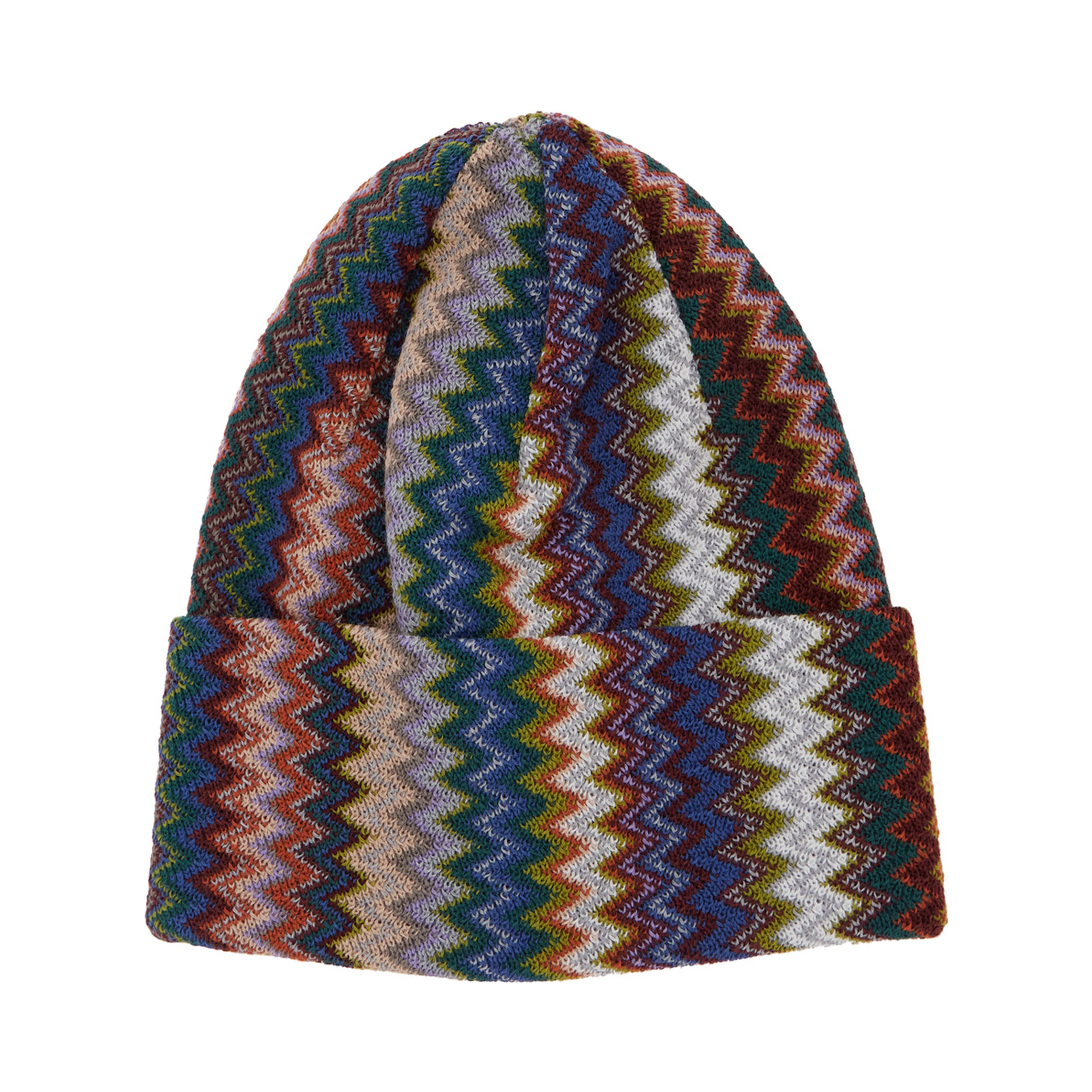 Multicolor Beanie with Brim and ZigZag Motif in Wool Blend for Men