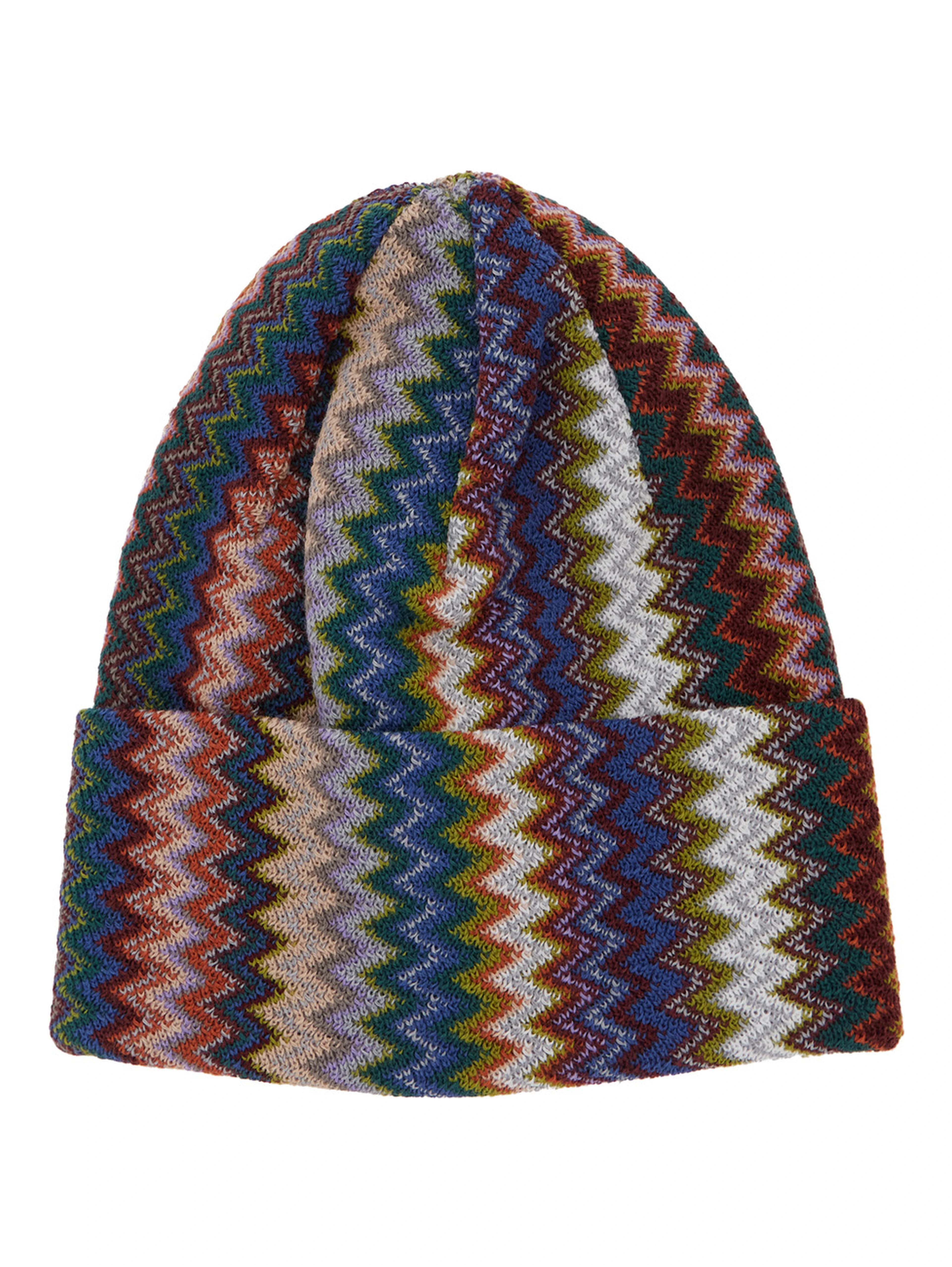 Multicolor Beanie with Brim and ZigZag Motif in Wool Blend for Men