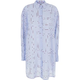 Blue Long Dress with Classic Collar and All-Over Monogram Logo in Cotton Blend for Women