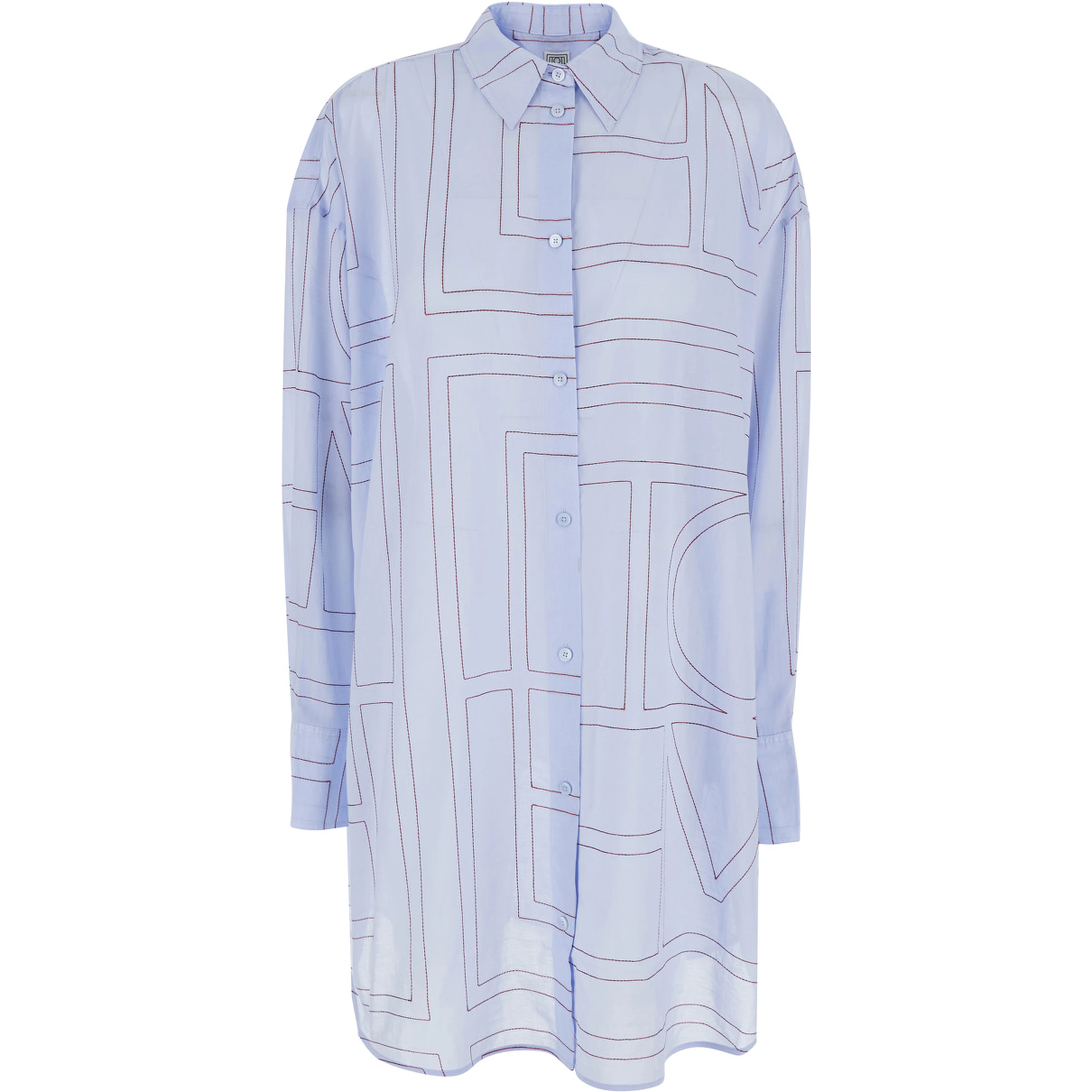 Blue Long Dress with Classic Collar and All-Over Monogram Logo in Cotton Blend for Women