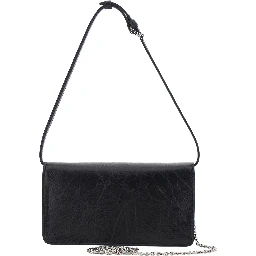 black Crossbody bag with leather strap and FF chain strap in fabric for women