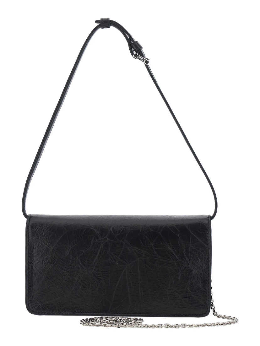 black Crossbody bag with leather strap and FF chain strap in fabric for women