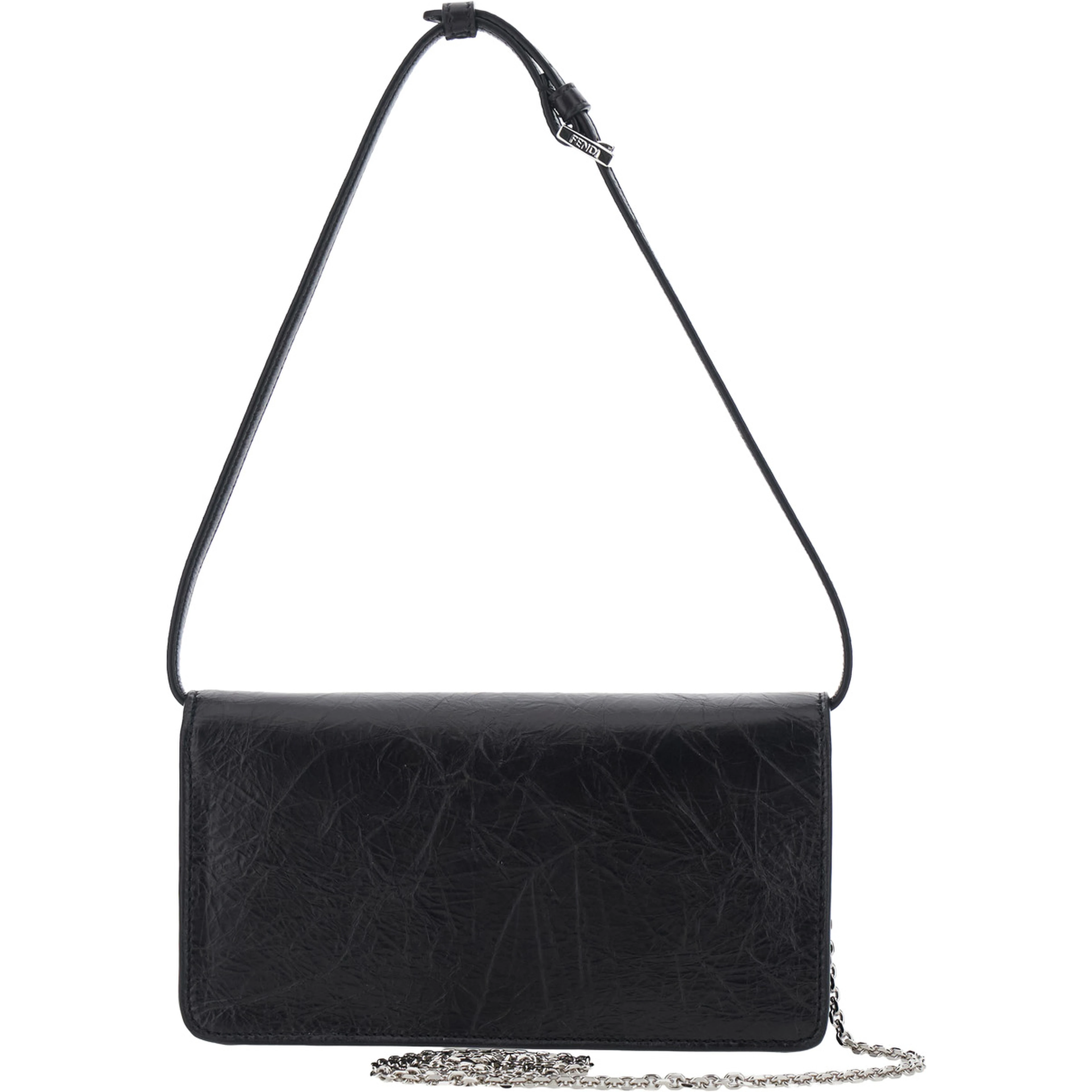 black Crossbody bag with leather strap and FF chain strap in fabric for women