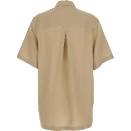Beige Oversized Polo Shirt with Classic Collar and Wide Short Sleeves in Blend Wool for Women