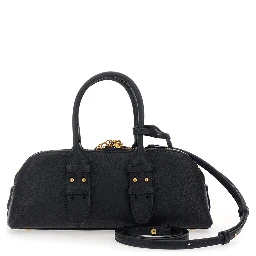 Bowling Horizontal black Handbag with adjustable and removable shoulder strap and Love Birds plaque on the front in Grained leather for women