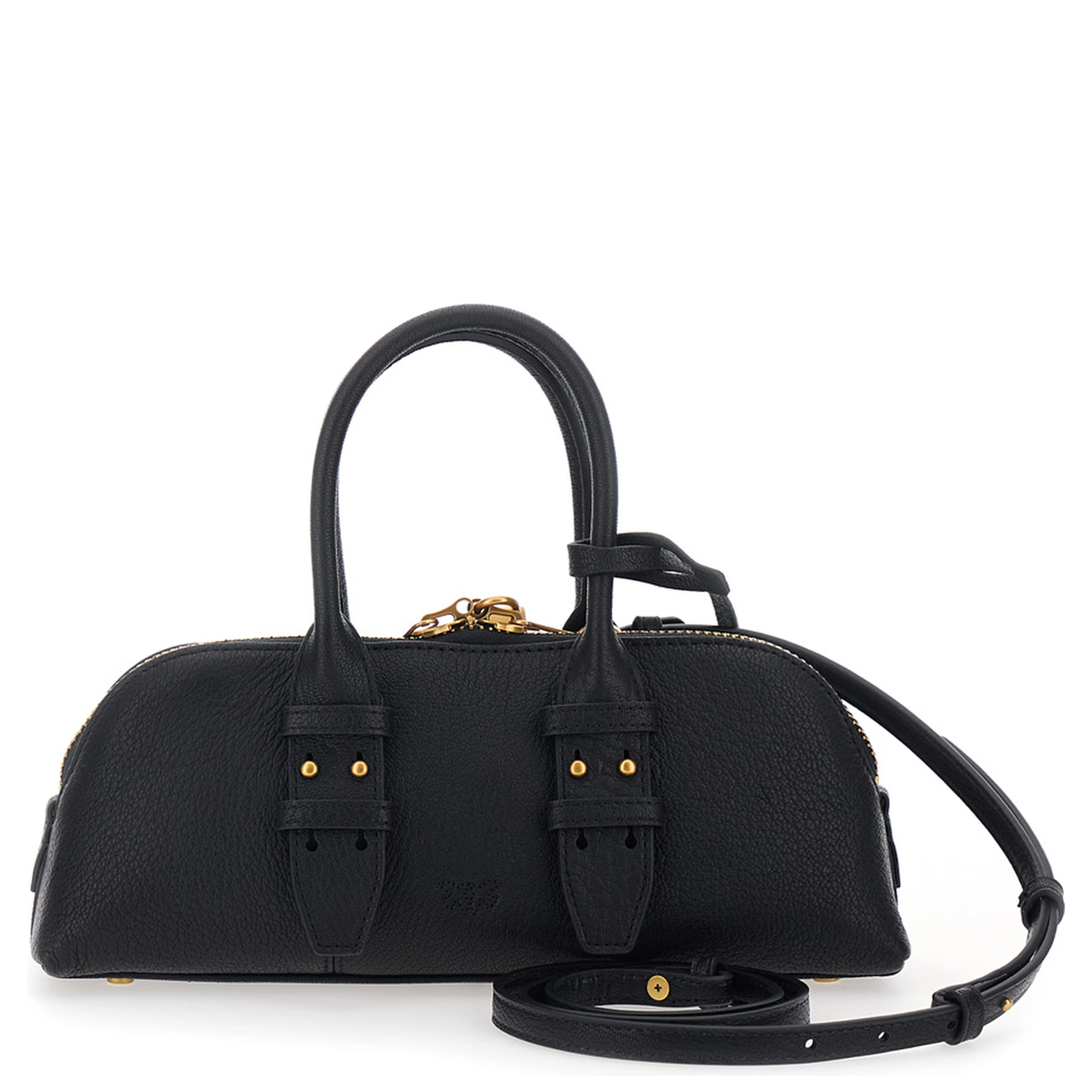 Bowling Horizontal black Handbag with adjustable and removable shoulder strap and Love Birds plaque on the front in Grained leather for women