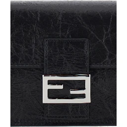 black Crossbody bag with leather strap and FF chain strap in fabric for women
