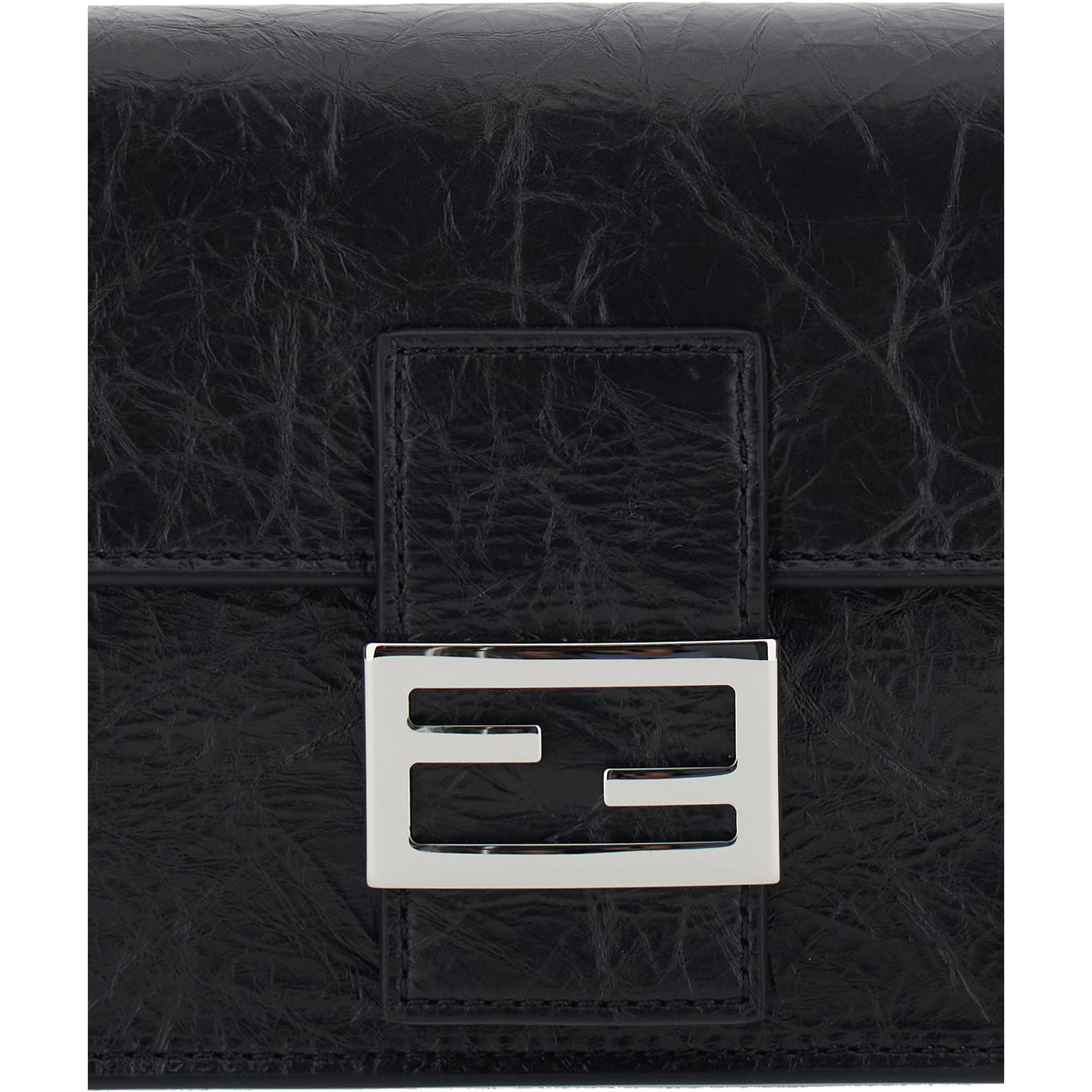 black Crossbody bag with leather strap and FF chain strap in fabric for women