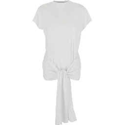white Top with round neckline and waist knot in Tech Fabric and Cotton for women