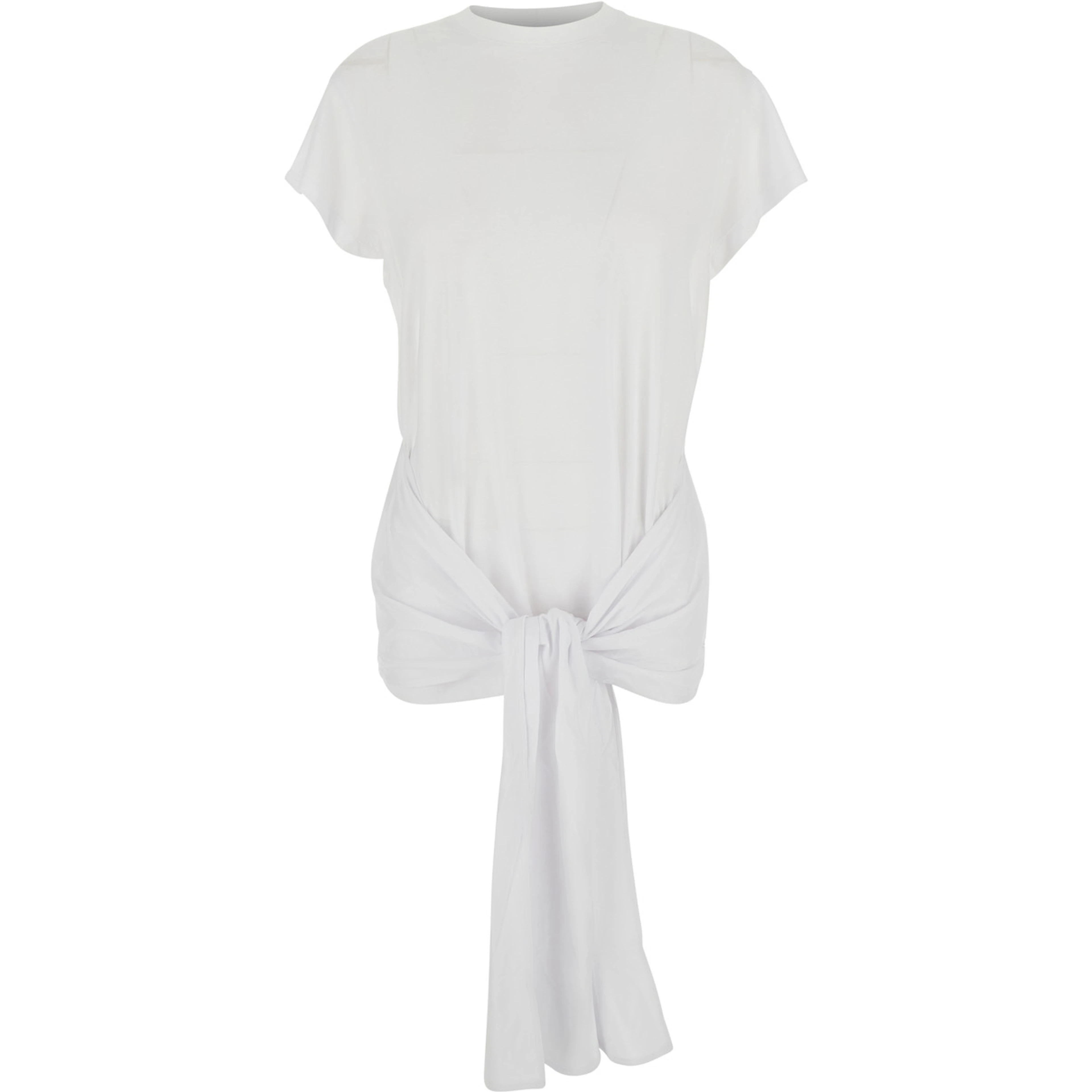 white Top with round neckline and waist knot in Tech Fabric and Cotton for women