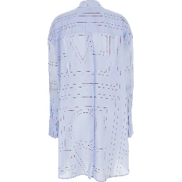 Blue Long Dress with Classic Collar and All-Over Monogram Logo in Cotton Blend for Women