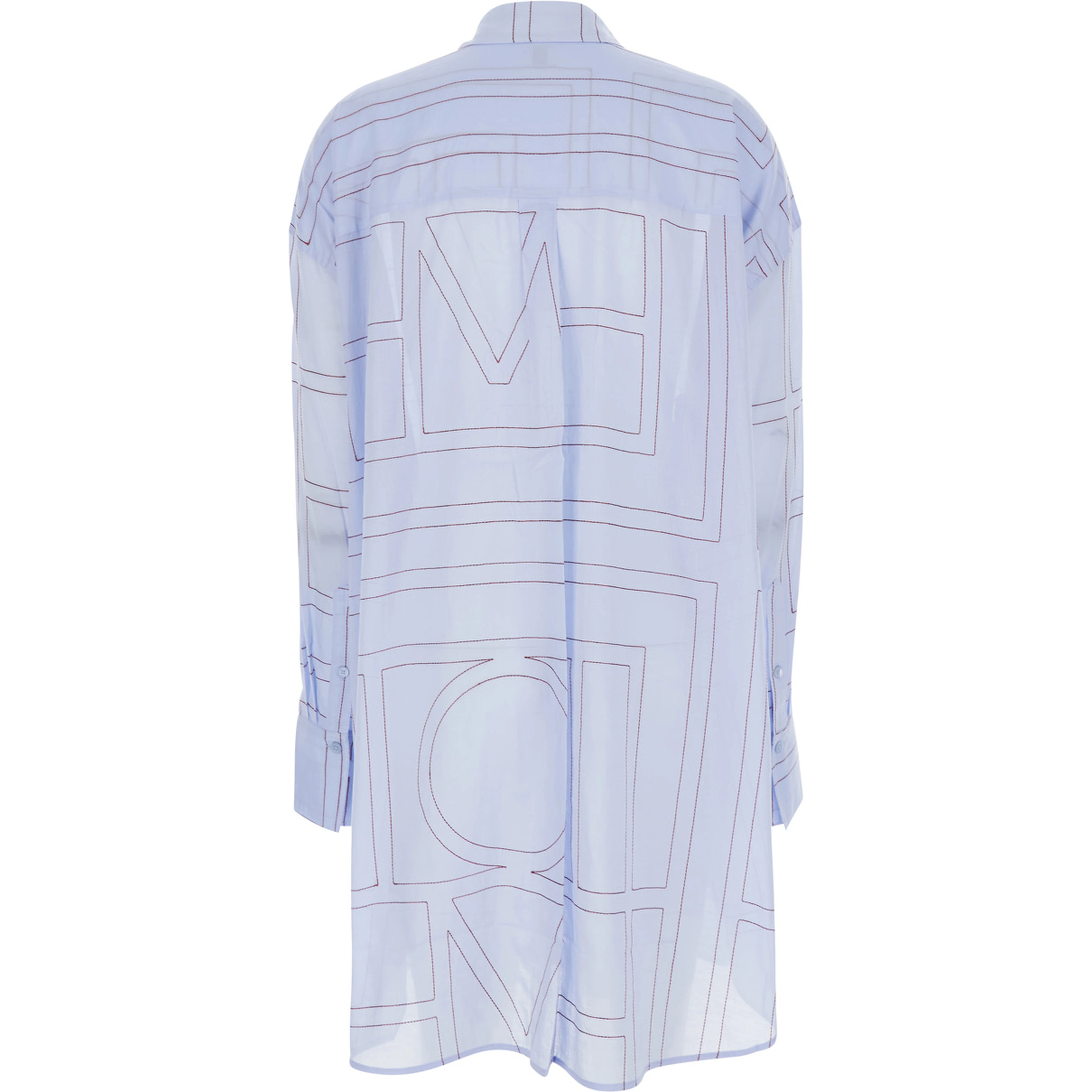 Blue Long Dress with Classic Collar and All-Over Monogram Logo in Cotton Blend for Women
