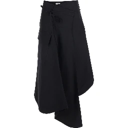 Black Asymmetrical Skirt with Drawstring and Button Closure in Cotton for Women