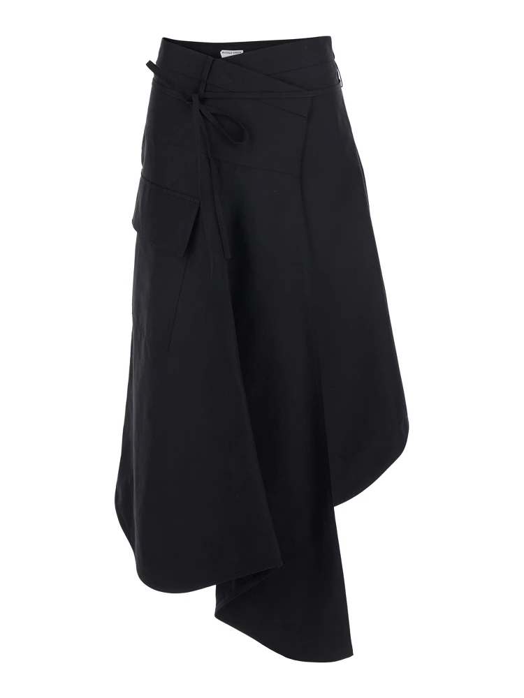 Black Asymmetrical Skirt with Drawstring and Button Closure in Cotton for Women