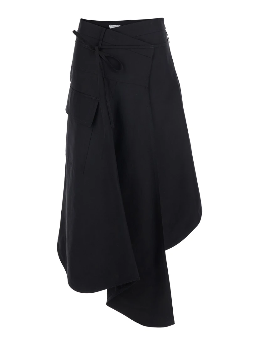 Black Asymmetrical Skirt with Drawstring and Button Closure in Cotton for Women