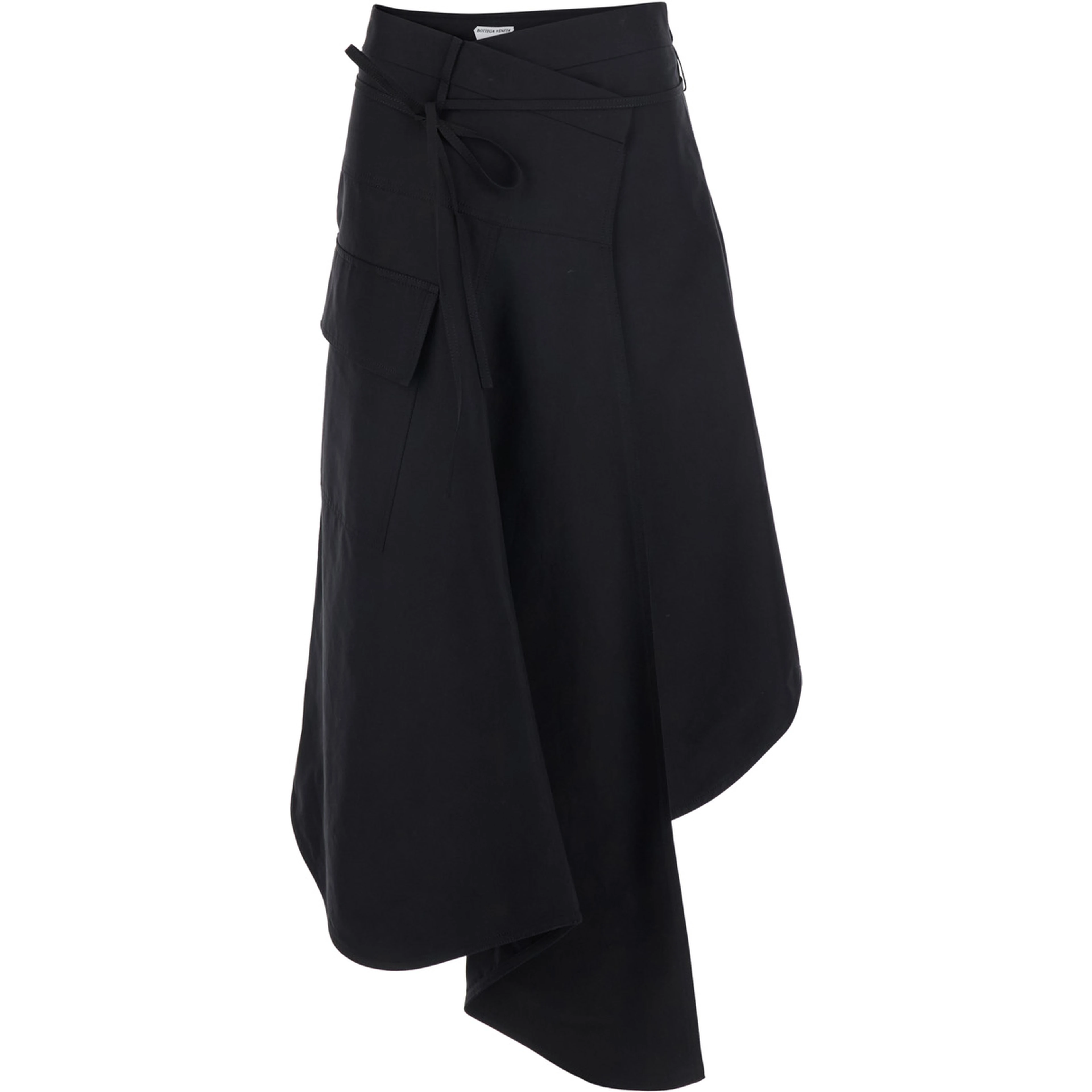 Black Asymmetrical Skirt with Drawstring and Button Closure in Cotton for Women