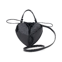 Black Handbag with Heart Silhouette and Embossed Crocodile Effect in Patent Leather for Women