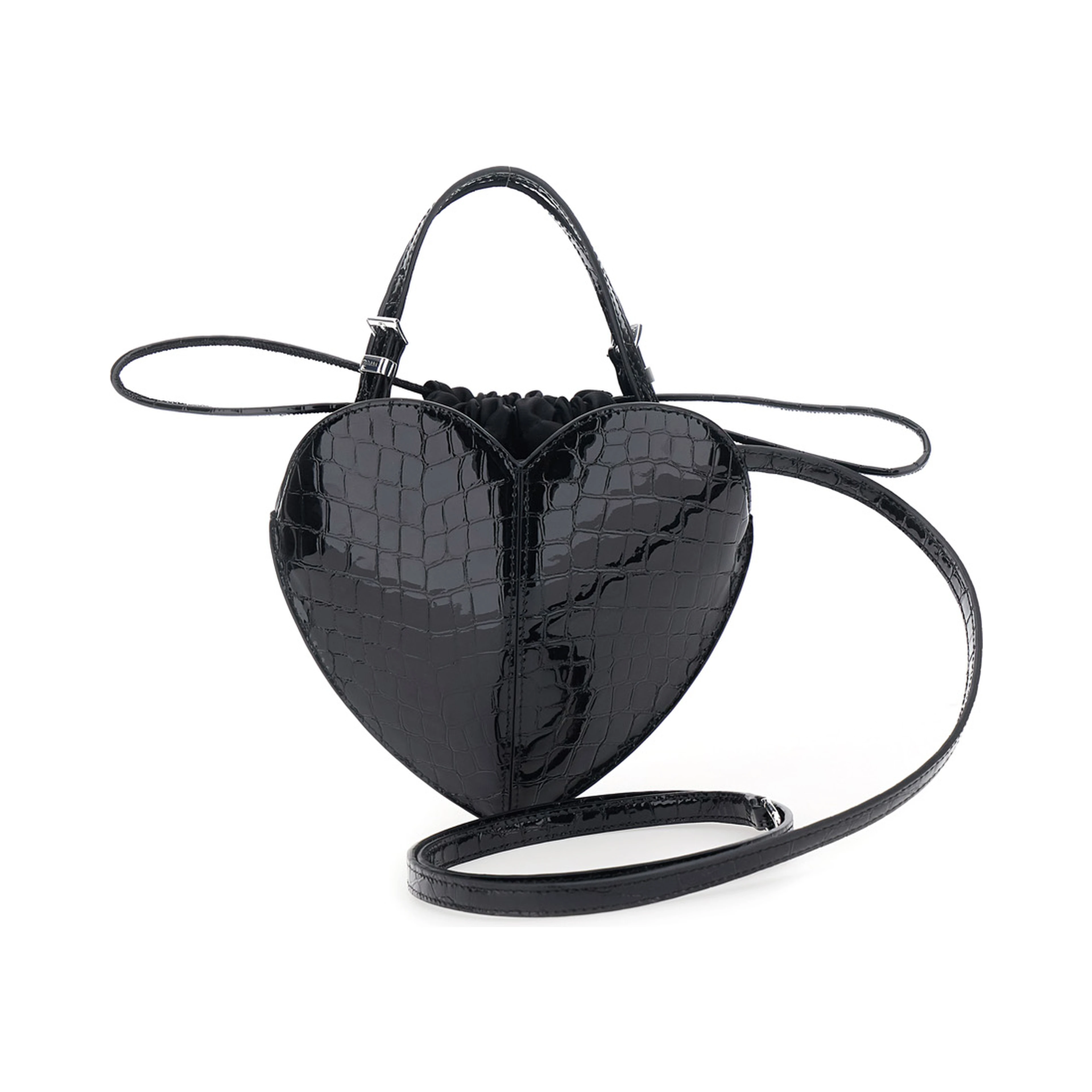 Black Handbag with Heart Silhouette and Embossed Crocodile Effect in Patent Leather for Women