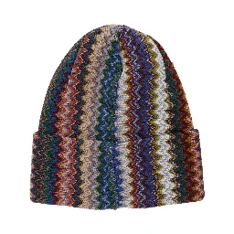 Multicolor Beanie with Brim and ZigZag Motif in Wool Blend for Men