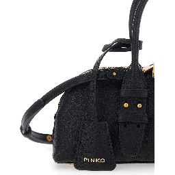 Bowling Horizontal black Handbag with adjustable and removable shoulder strap and Love Birds plaque on the front in Grained leather for women