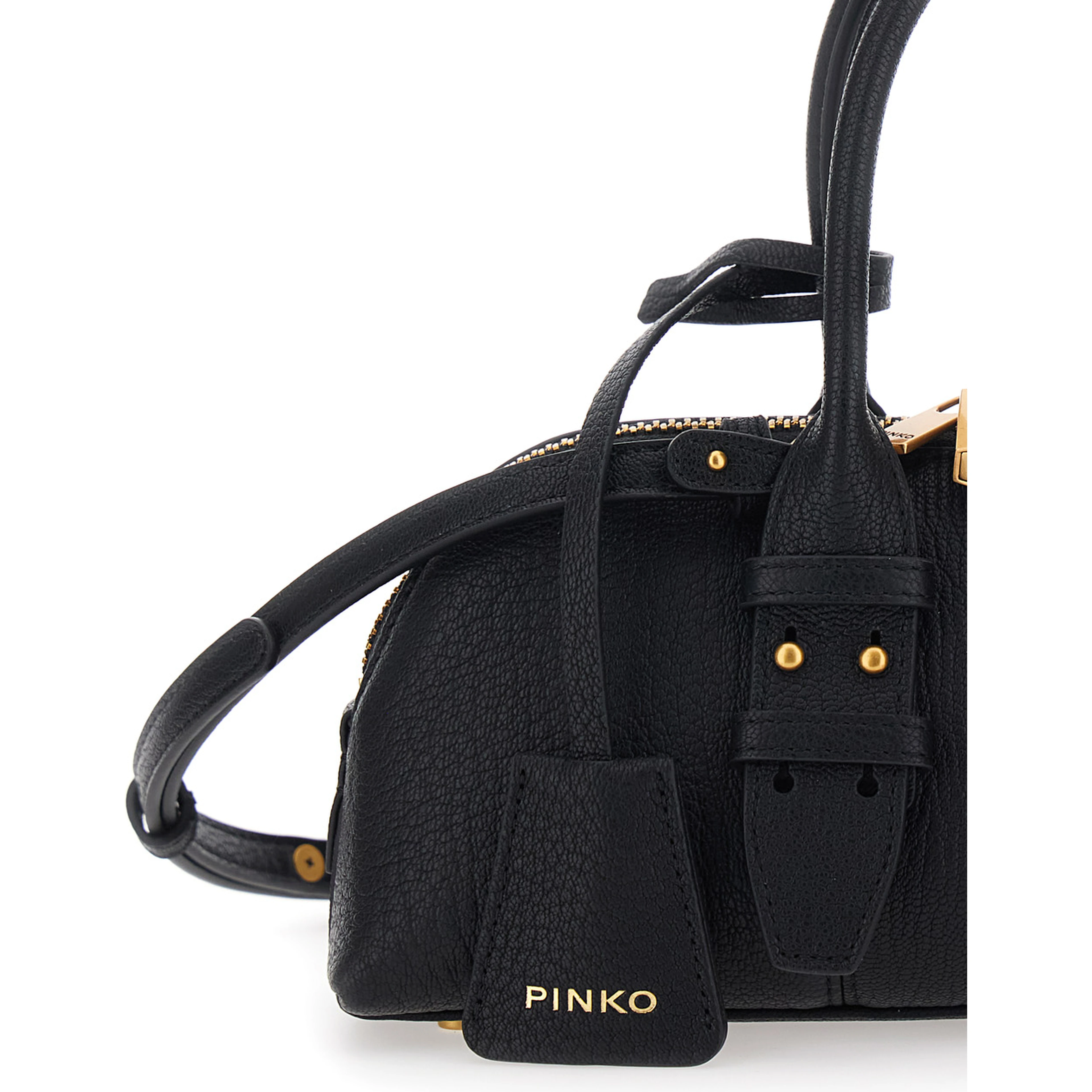 Bowling Horizontal black Handbag with adjustable and removable shoulder strap and Love Birds plaque on the front in Grained leather for women