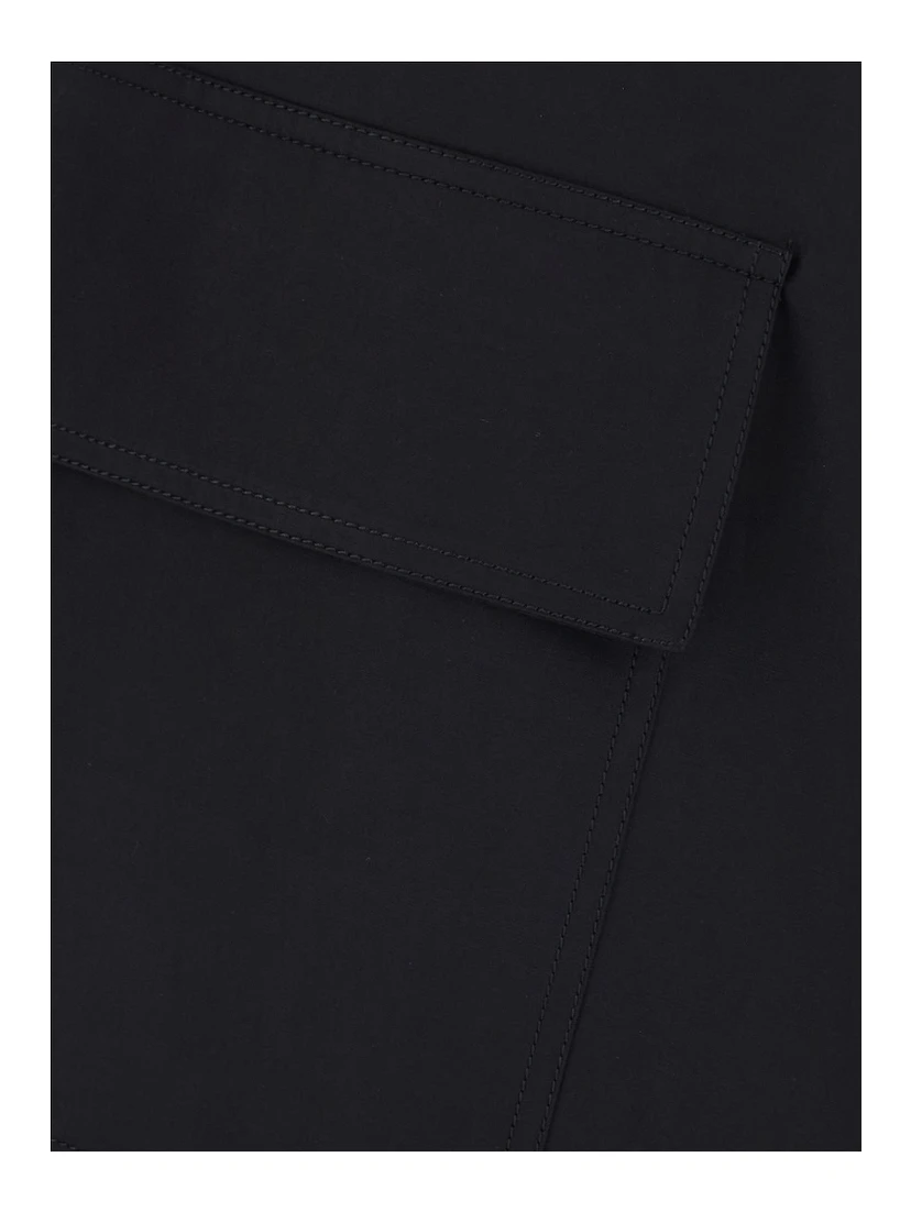 Black Asymmetrical Skirt with Drawstring and Button Closure in Cotton for Women
