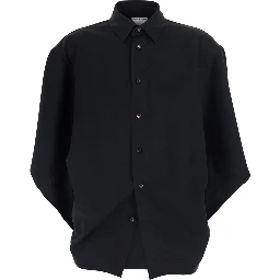 Black Shirt with Classic Collar and Oversized Short Sleeves in  Wool for Women