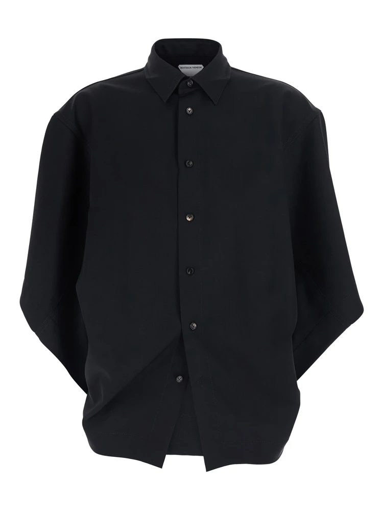 Black Shirt with Classic Collar and Oversized Short Sleeves in Wool for Women