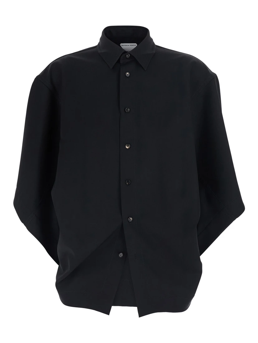 Black Shirt with Classic Collar and Oversized Short Sleeves in Wool for Women