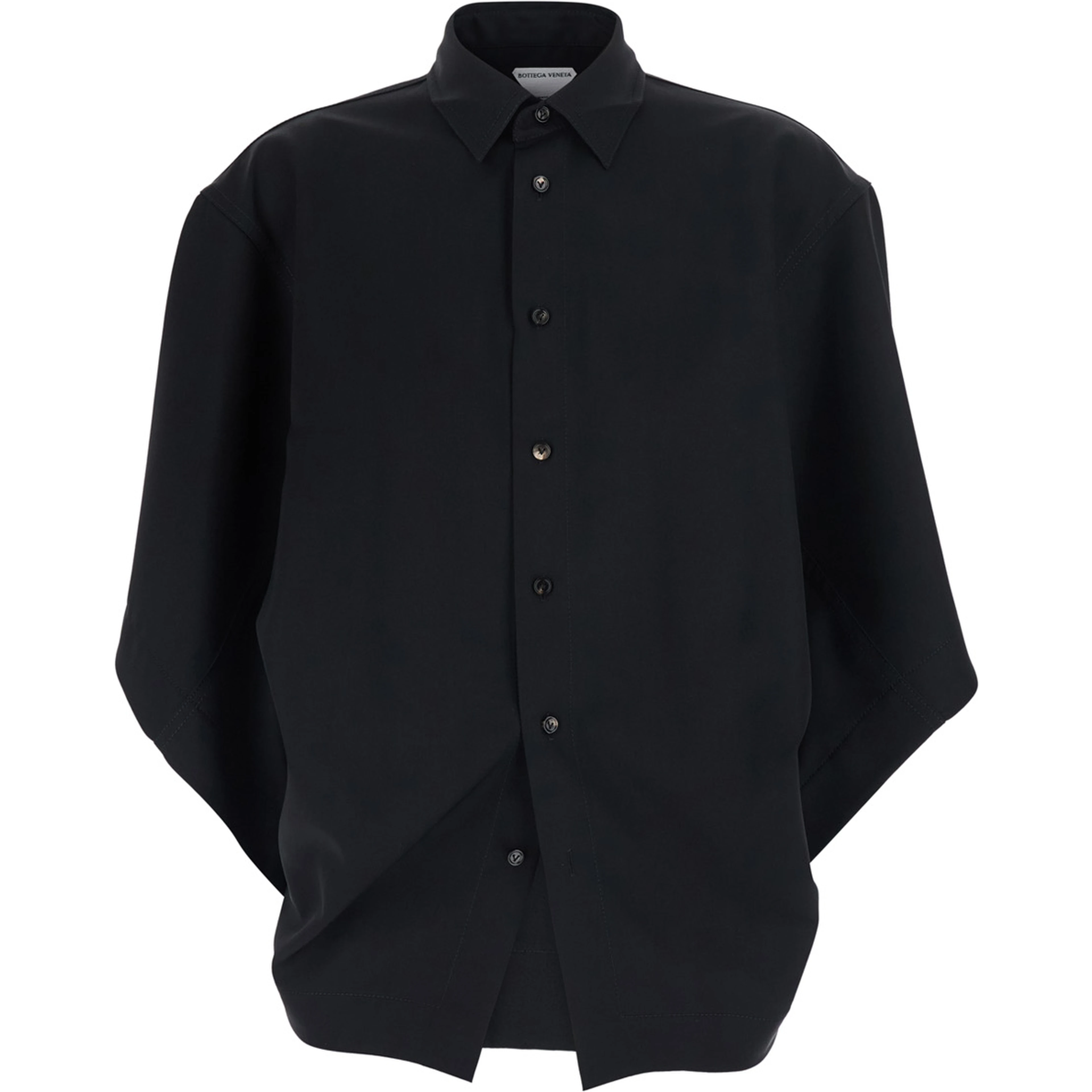 Black Shirt with Classic Collar and Oversized Short Sleeves in  Wool for Women