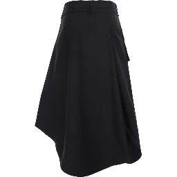 Black Asymmetrical Skirt with Drawstring and Button Closure in Cotton for Women