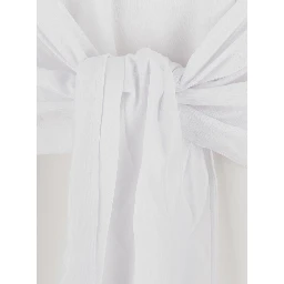 white Top with round neckline and waist knot in Tech Fabric and Cotton for women