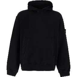 Black hoodie with fixed hood and logo patch on the sleeve in cotton for men