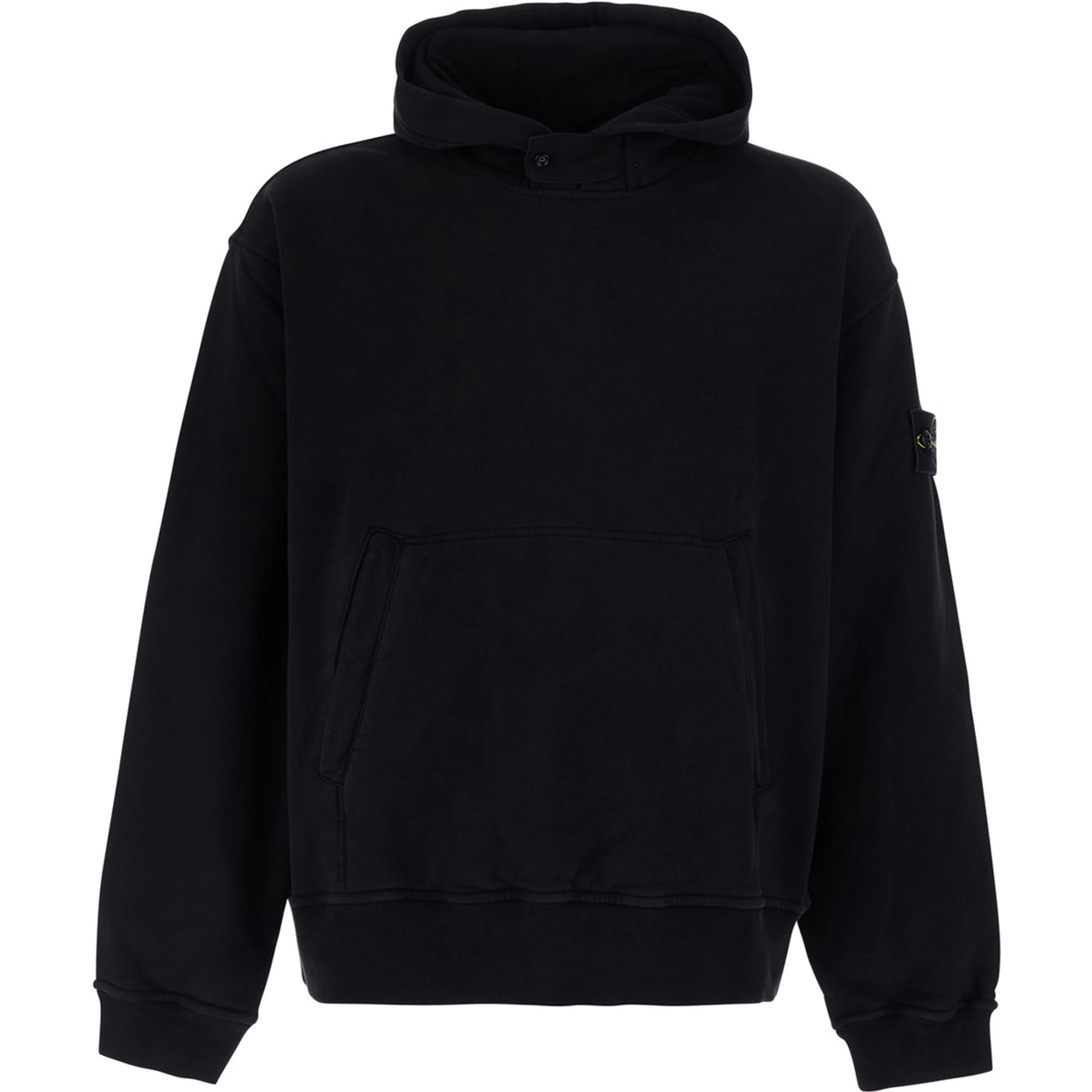 Black hoodie with fixed hood and logo patch on the sleeve in cotton for men