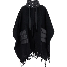 High Neck Poncho with Patch Pockets in Black Wool and Nylon for Women