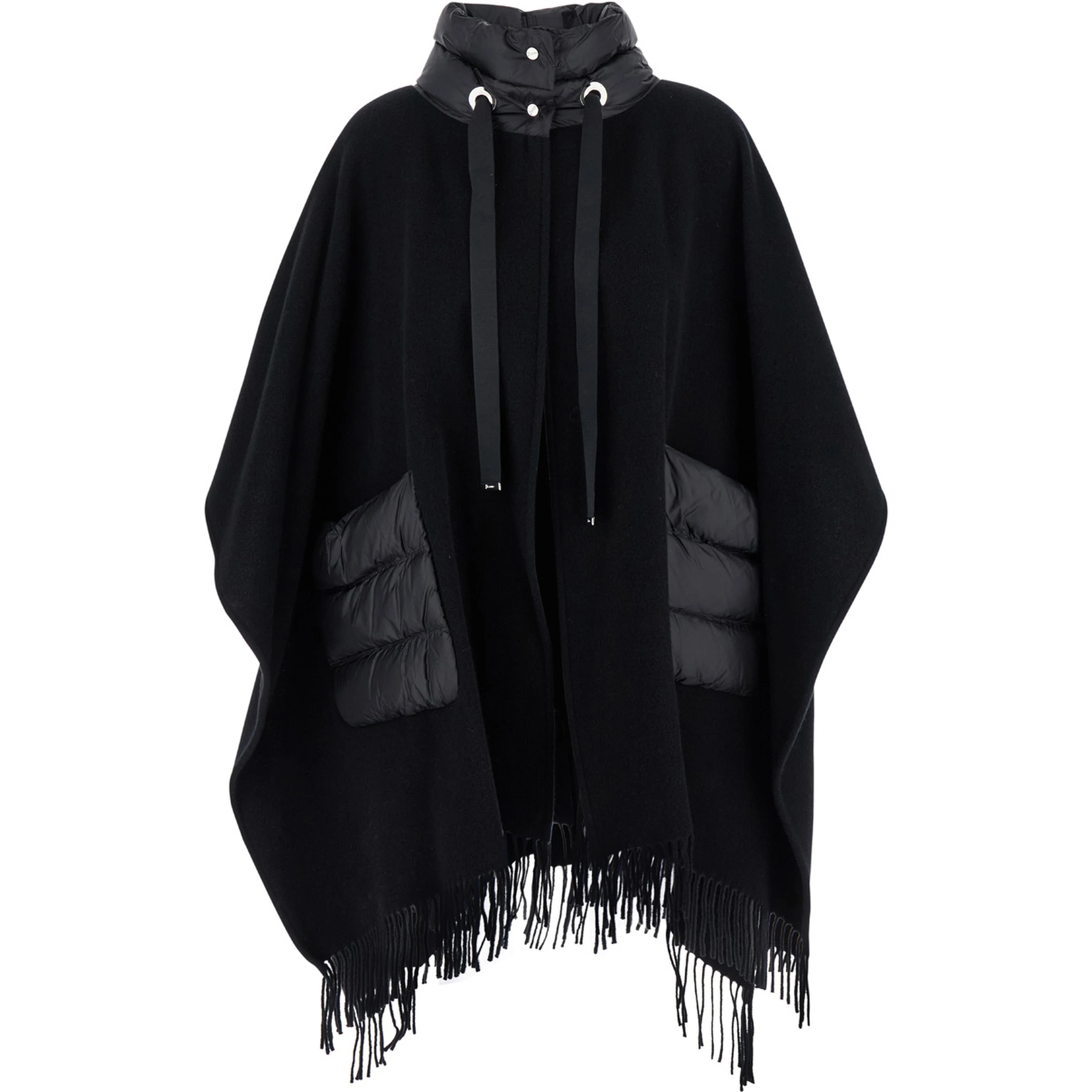 High Neck Poncho with Patch Pockets in Black Wool and Nylon for Women