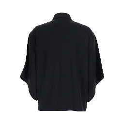 Black Shirt with Classic Collar and Oversized Short Sleeves in  Wool for Women
