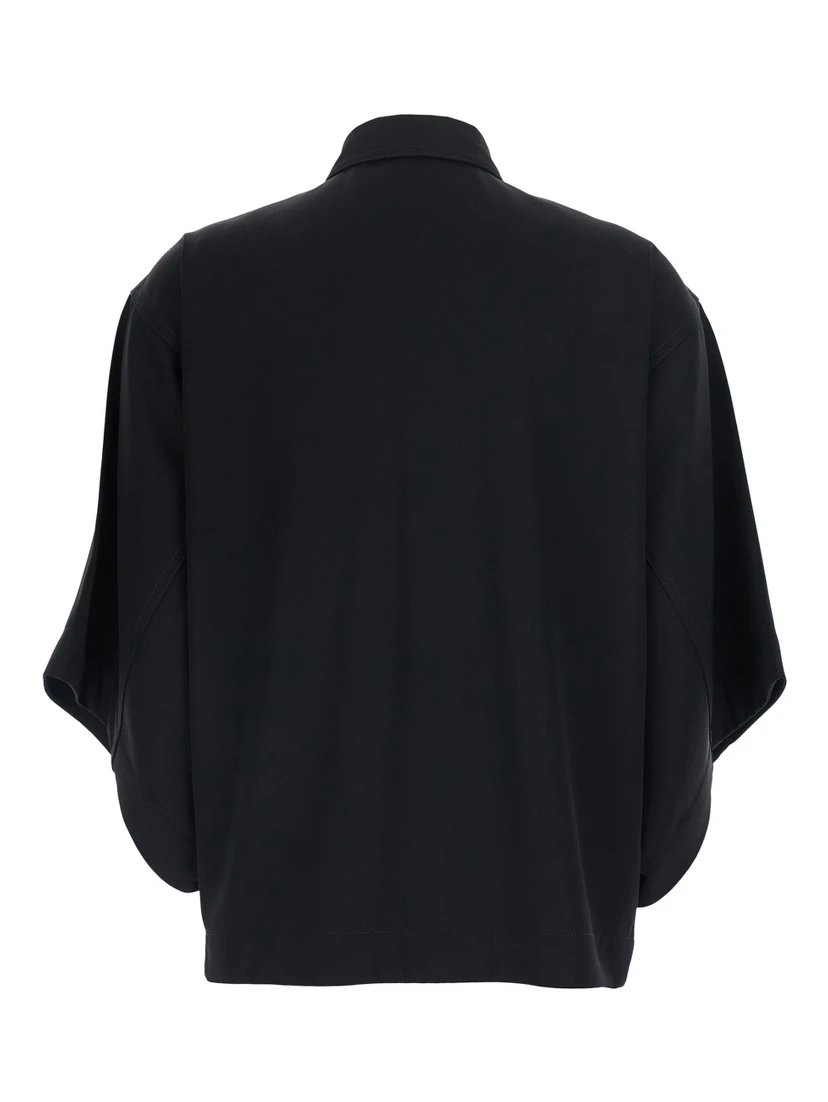 Black Shirt with Classic Collar and Oversized Short Sleeves in Wool for Women