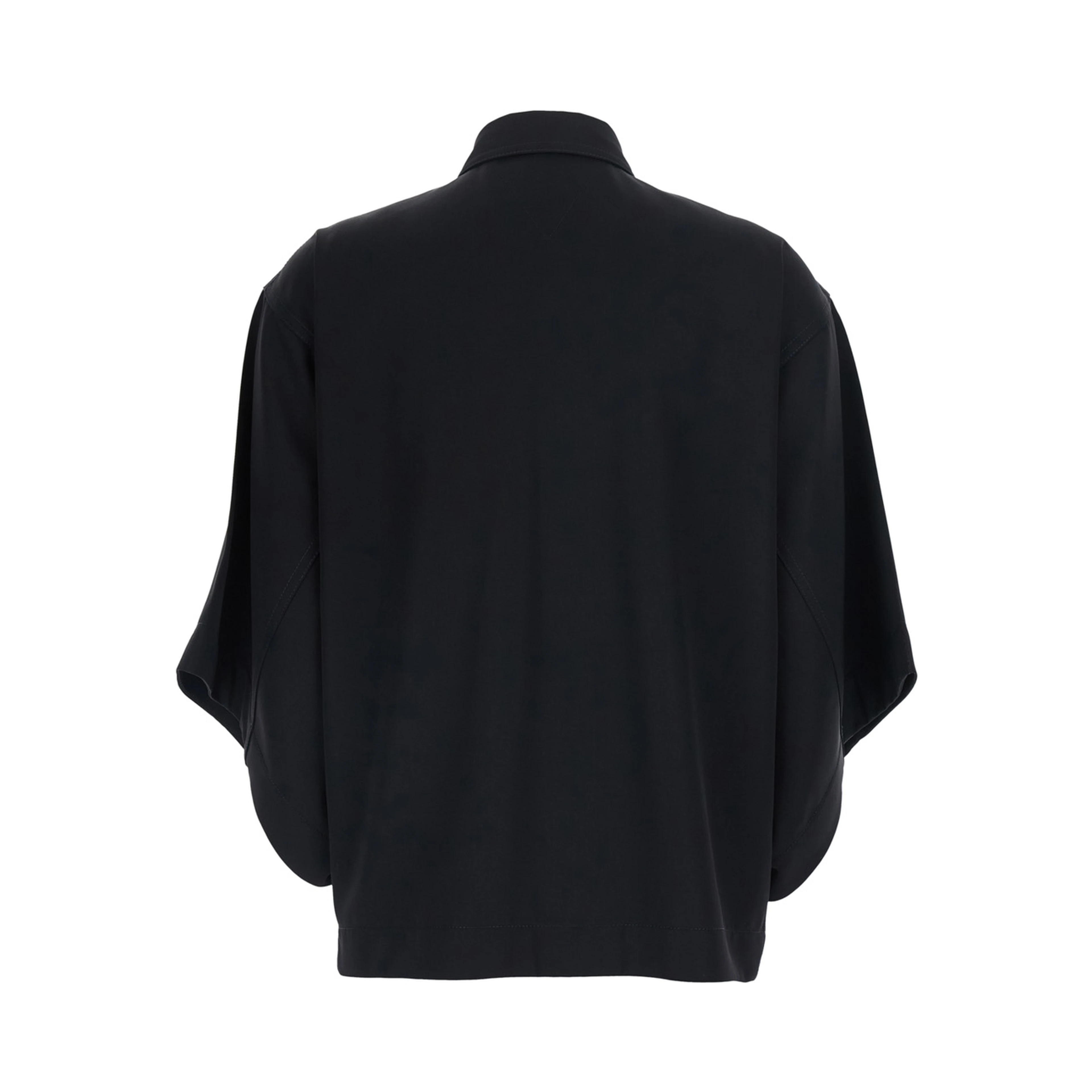 Black Shirt with Classic Collar and Oversized Short Sleeves in  Wool for Women