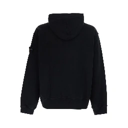 Black hoodie with fixed hood and logo patch on the sleeve in cotton for men