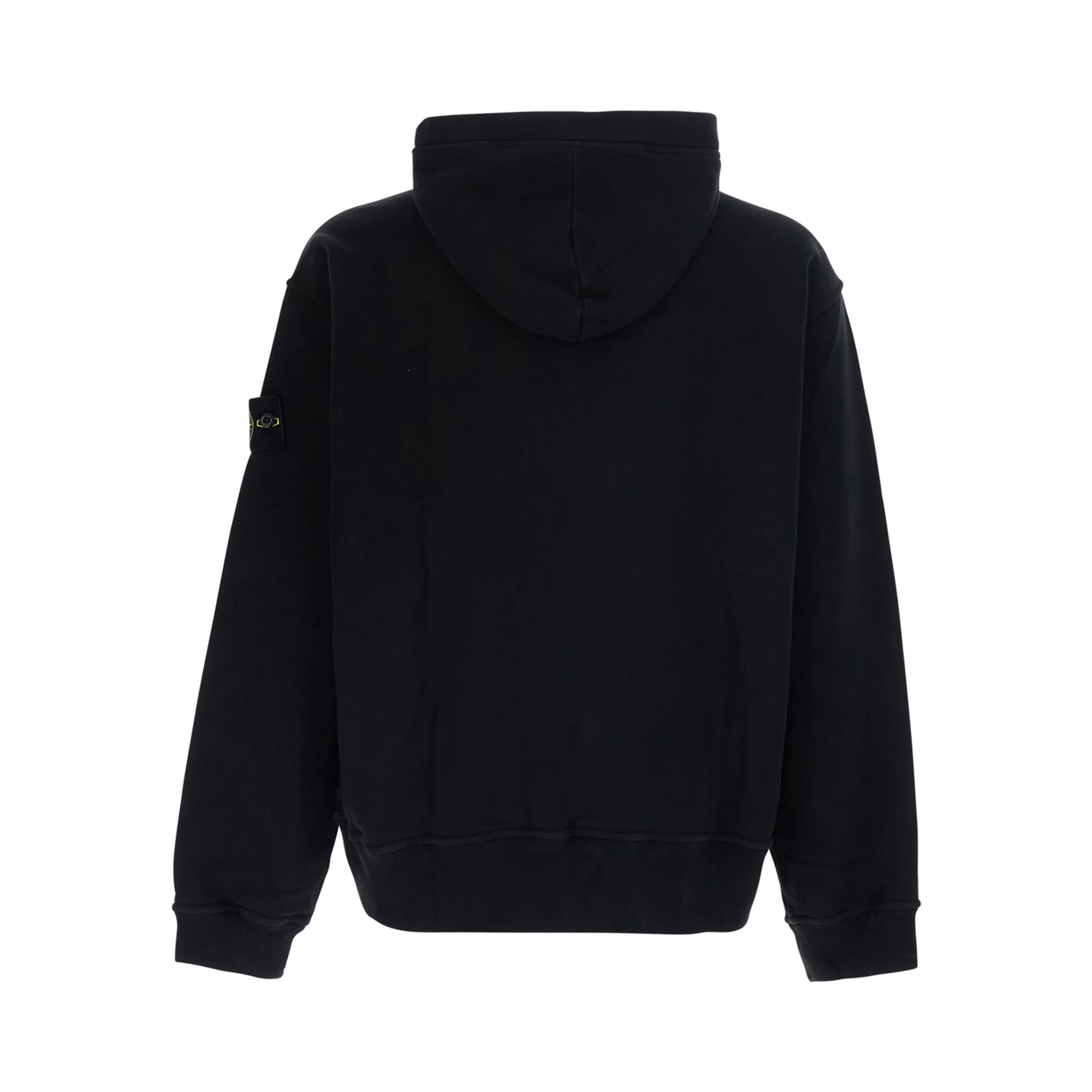 Black hoodie with fixed hood and logo patch on the sleeve in cotton for men