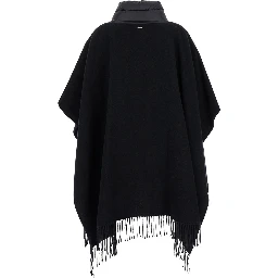 High Neck Poncho with Patch Pockets in Black Wool and Nylon for Women