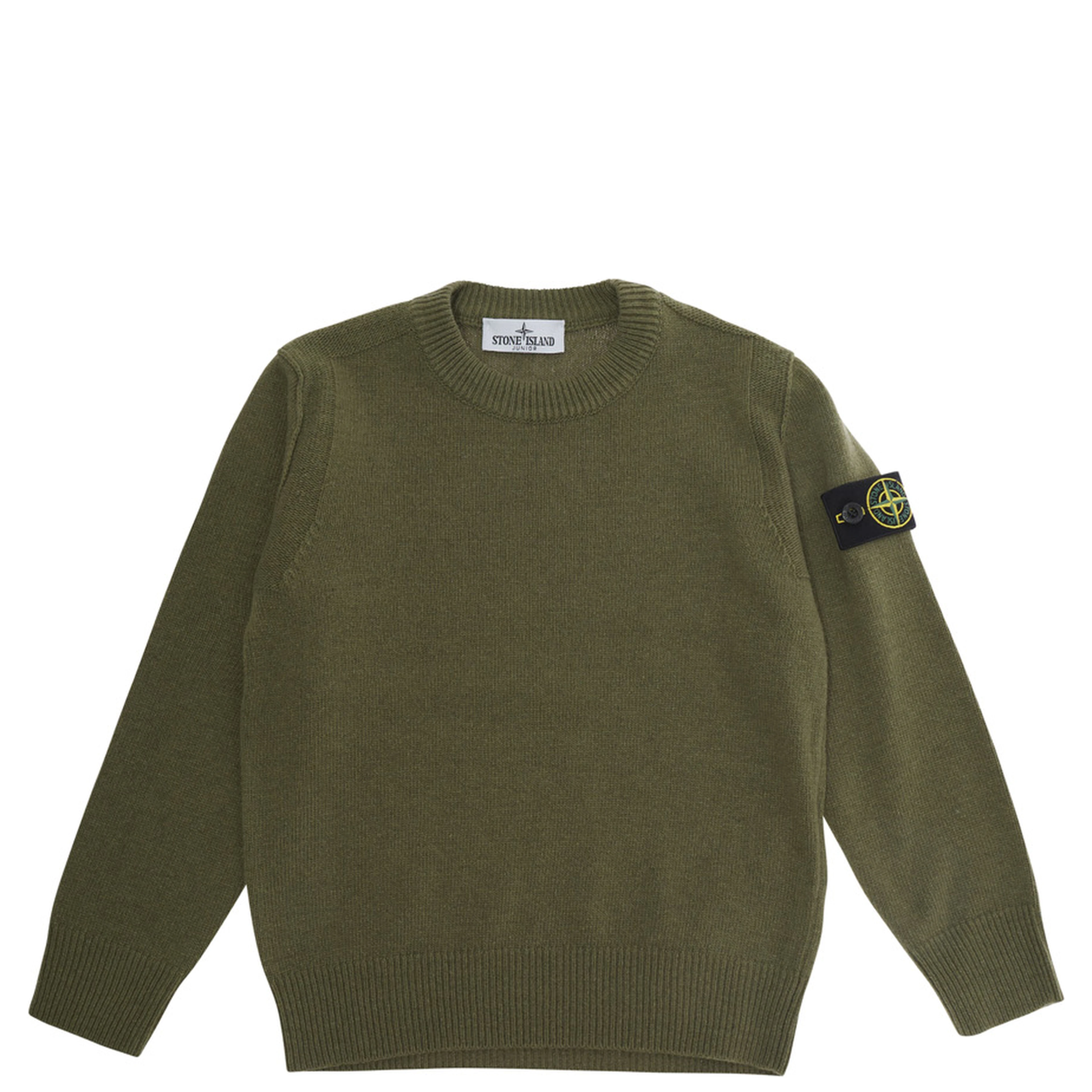 Green Crew Neck Sweater with Logo Patch on Sleeve in wool boy
