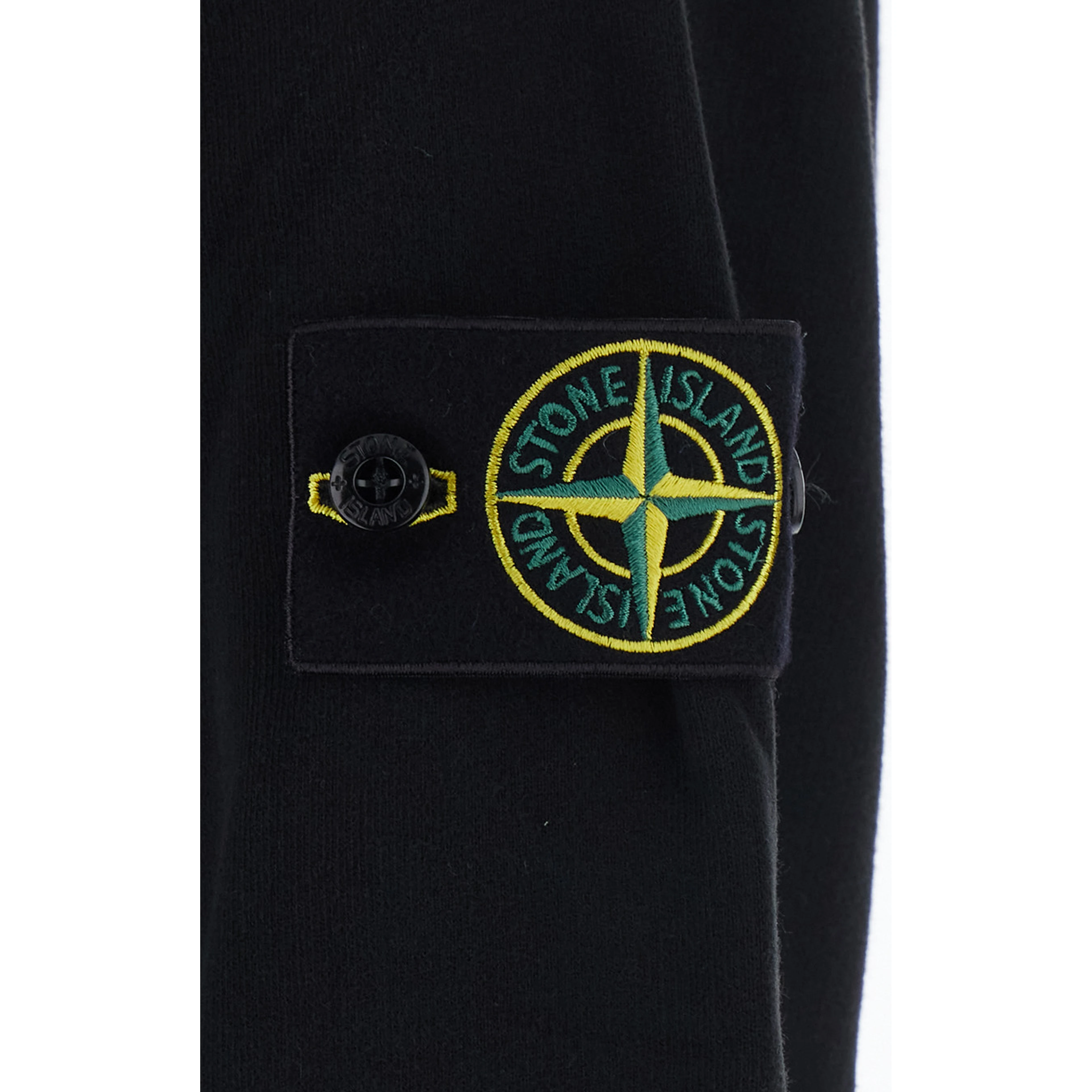Black hoodie with fixed hood and logo patch on the sleeve in cotton for men