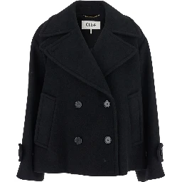Double-breasted Jacket with Notched Revers and Dropped Shoulders in Wool Blend Black Women