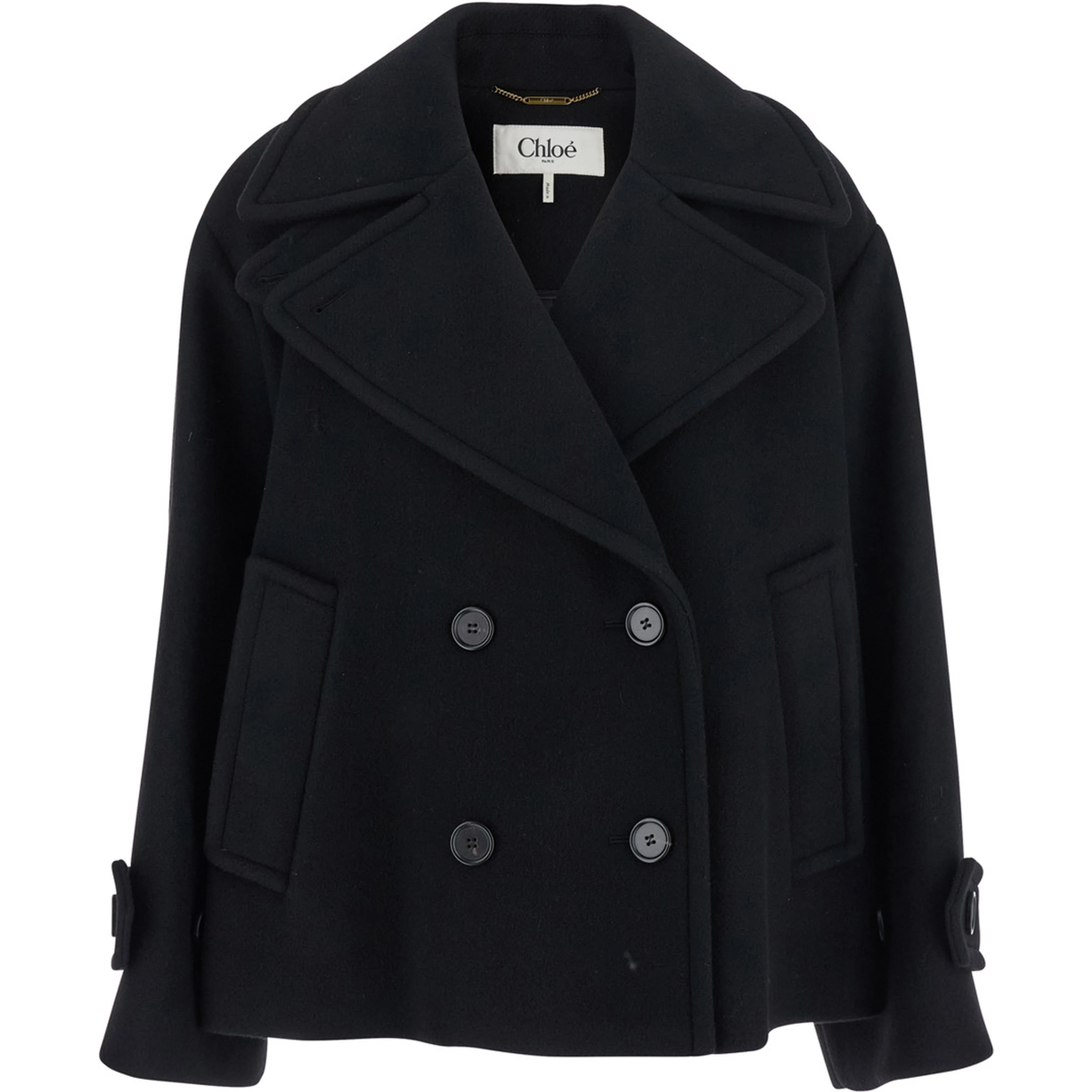 Double-breasted Jacket with Notched Revers and Dropped Shoulders in Wool Blend Black Women