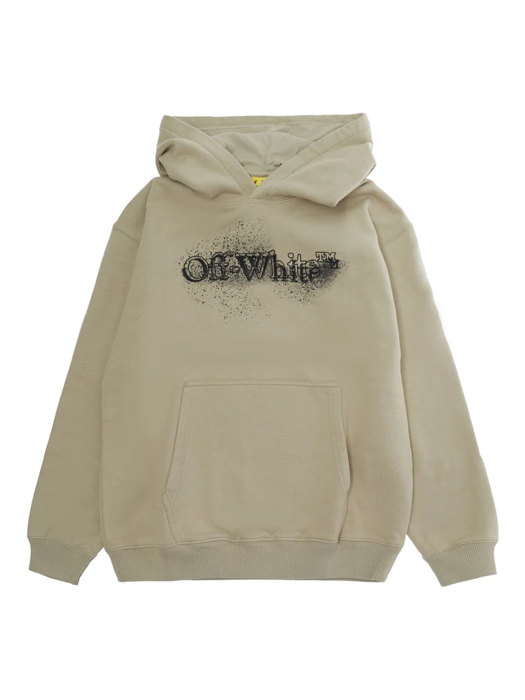 Beige sweatshirt with fixed hood and front and back logo in cotton for boys