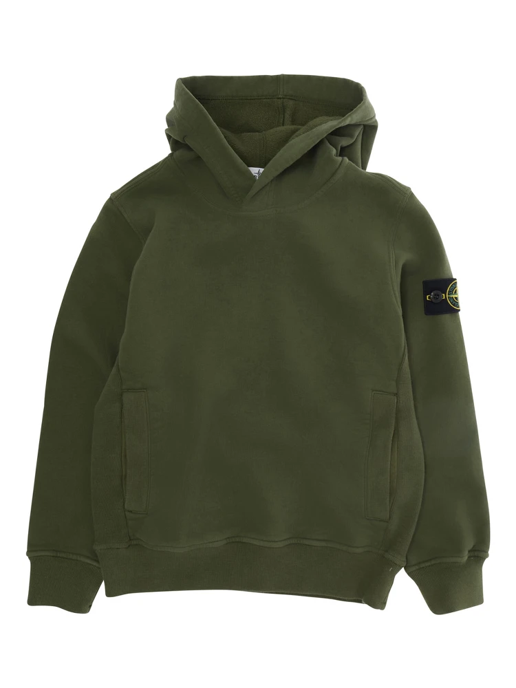 Green Hoodie with Fixed Hood and Logo Patch on Sleeve in Cotton Boy