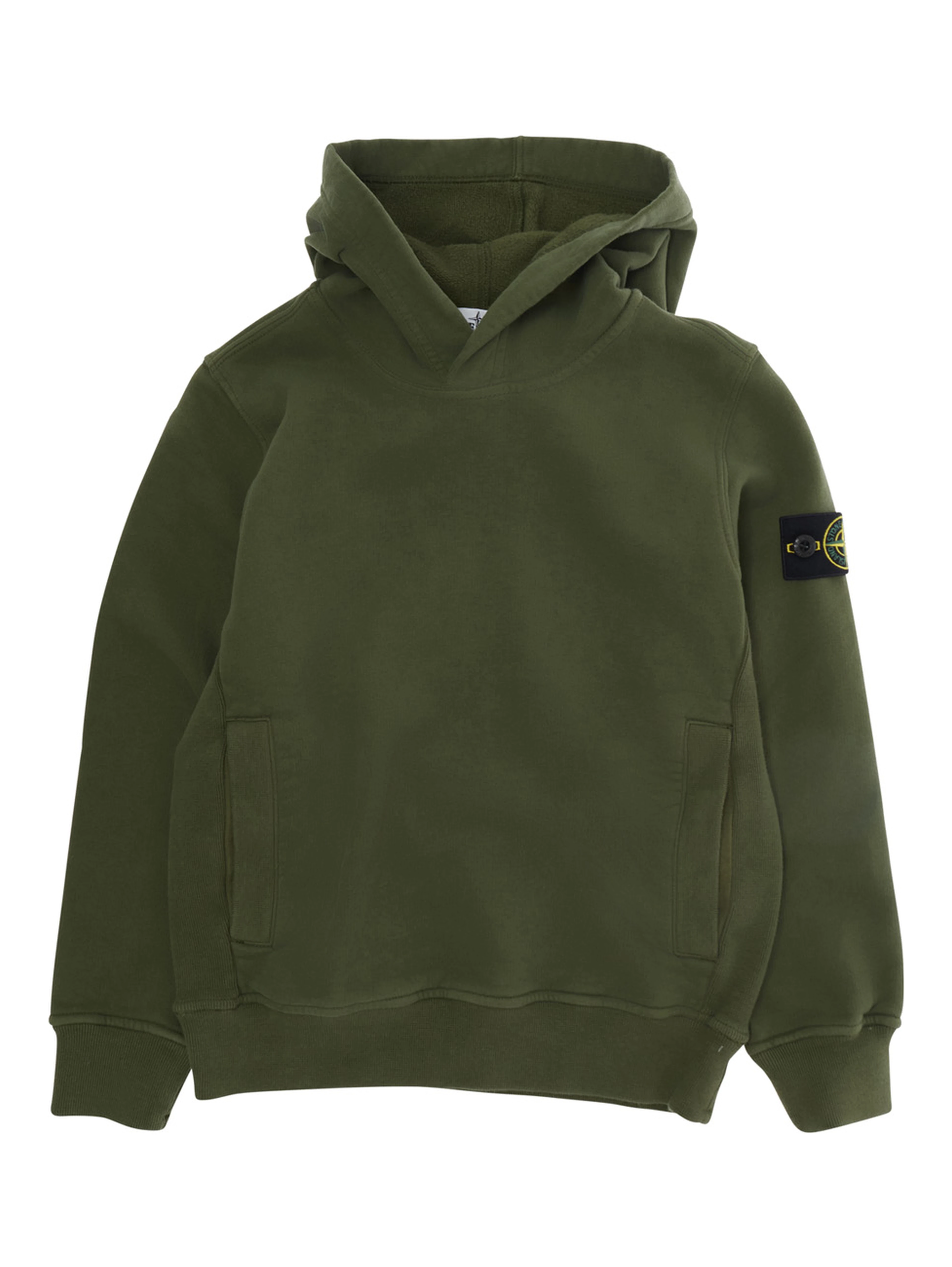 Green Hoodie with Fixed Hood and Logo Patch on Sleeve in Cotton Boy